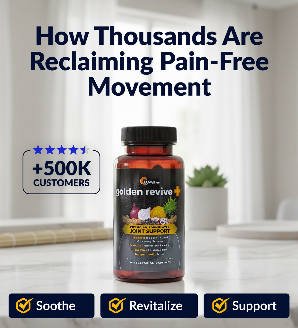 UpWellness Golden Revive + Joint Support Supplement Featuring Turmeric with Black Pepper, Quercetin, and Magnesium- Turmeric Boswellia Supplement - 6 Active Ingredients for Joint Care - 60 Capsules