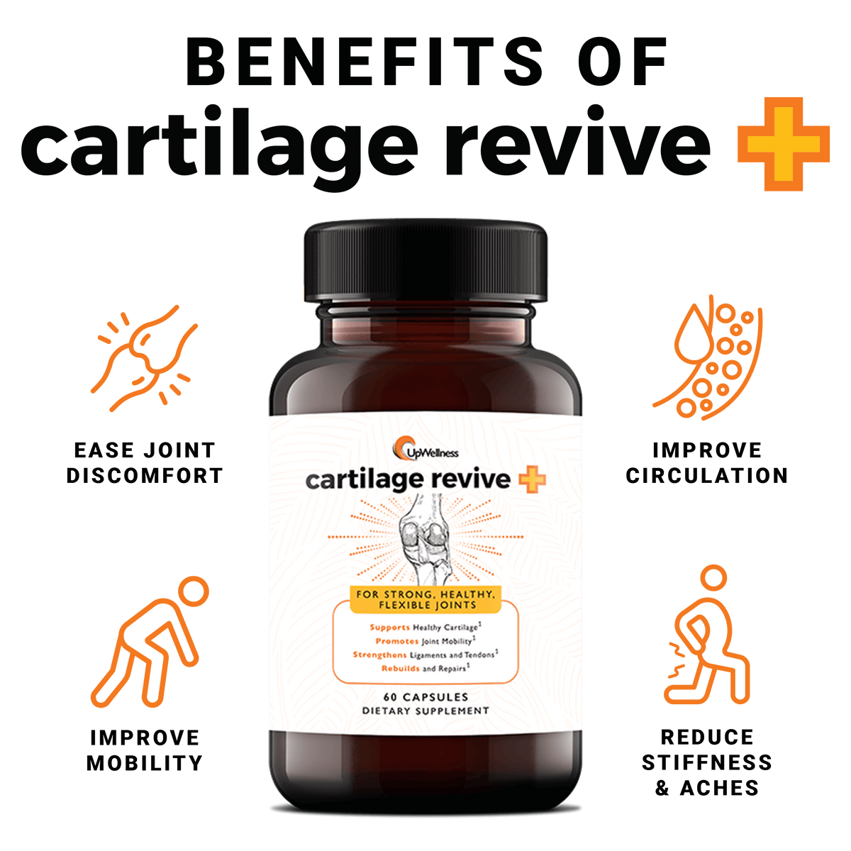 UpWellness Cartilage Revive + Joint Support Supplement for Men and Women with Type II Collagen for Joints - D-Glucosamine Sulfate, MSM, Vitamin D3, Vitamin C and More - 60 Capsules